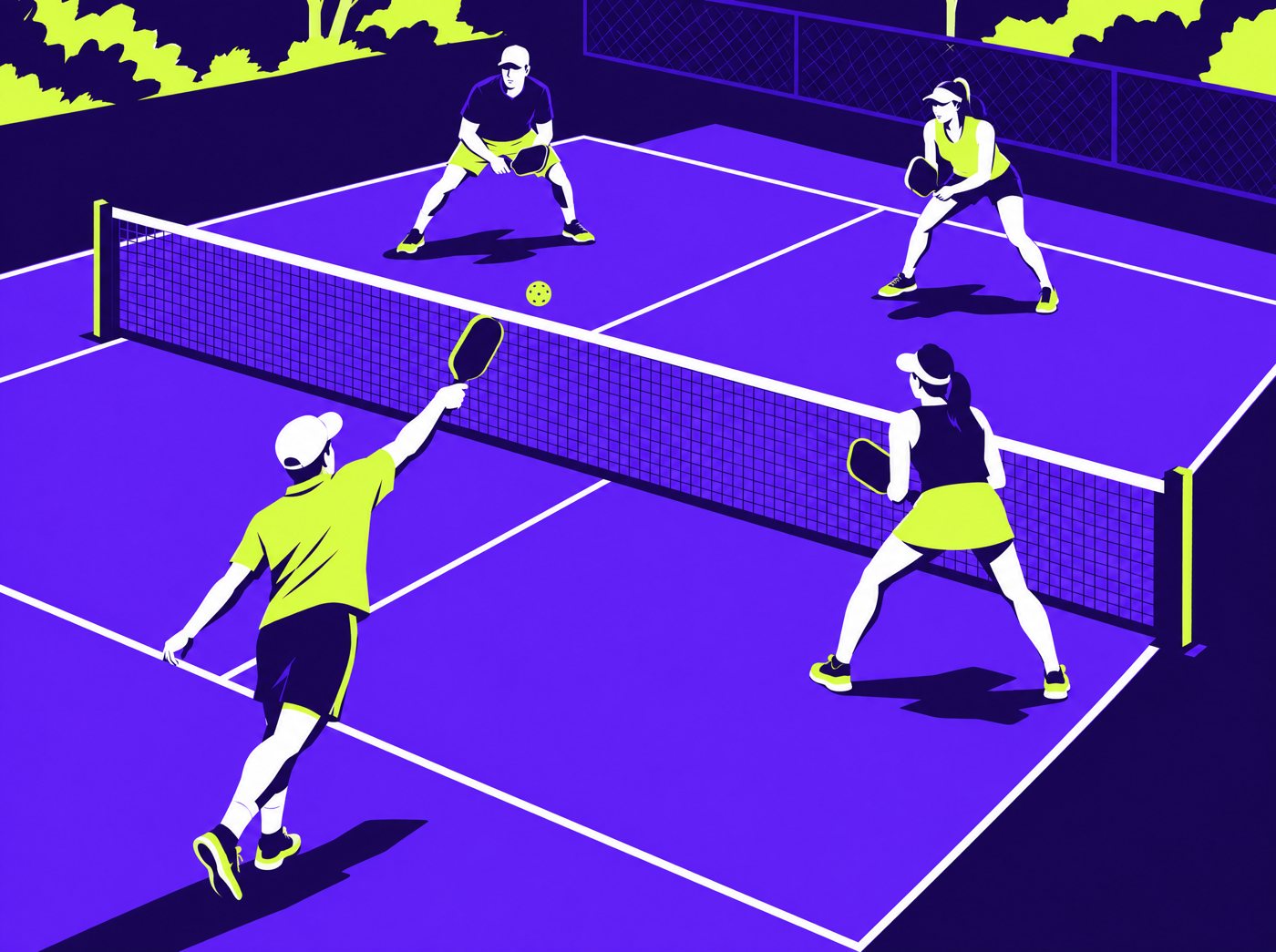 Illustration of four players in a doubles game