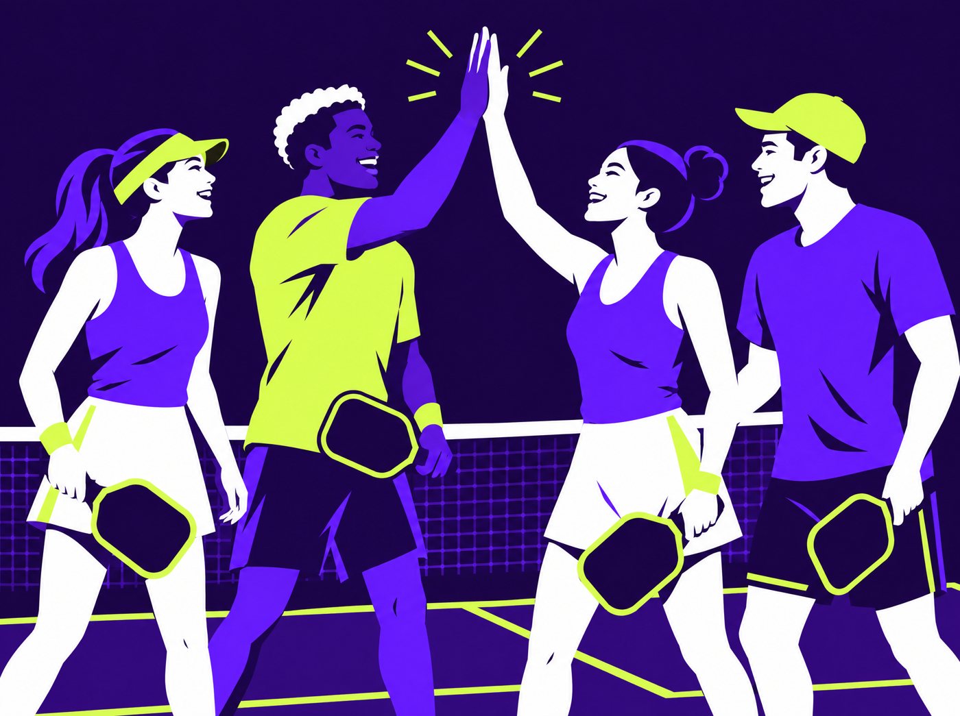 Illustration of four friends high-fiving after a game